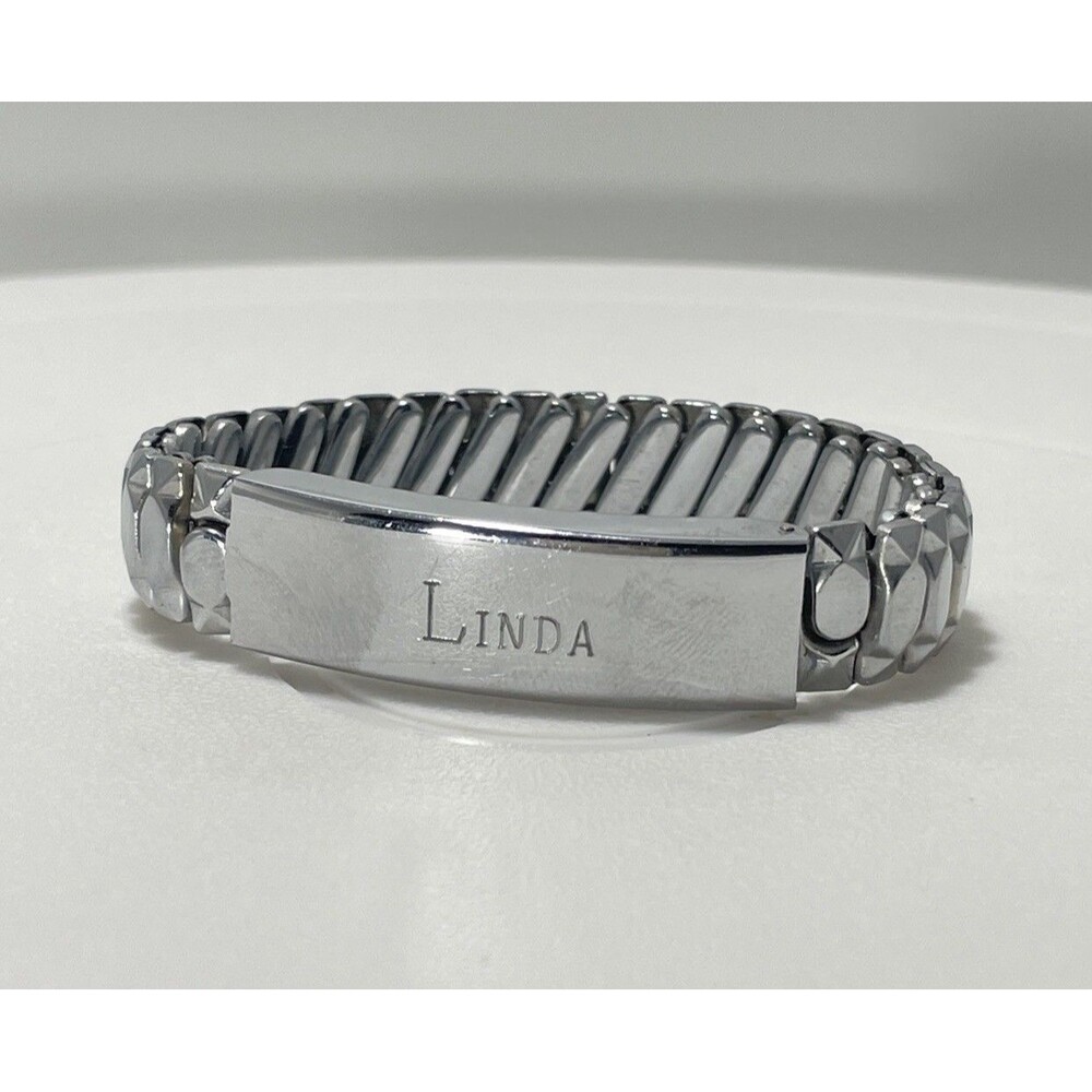 Vintage Linda Engraved Stretch ID Bracelet Silver Tone Adjustable